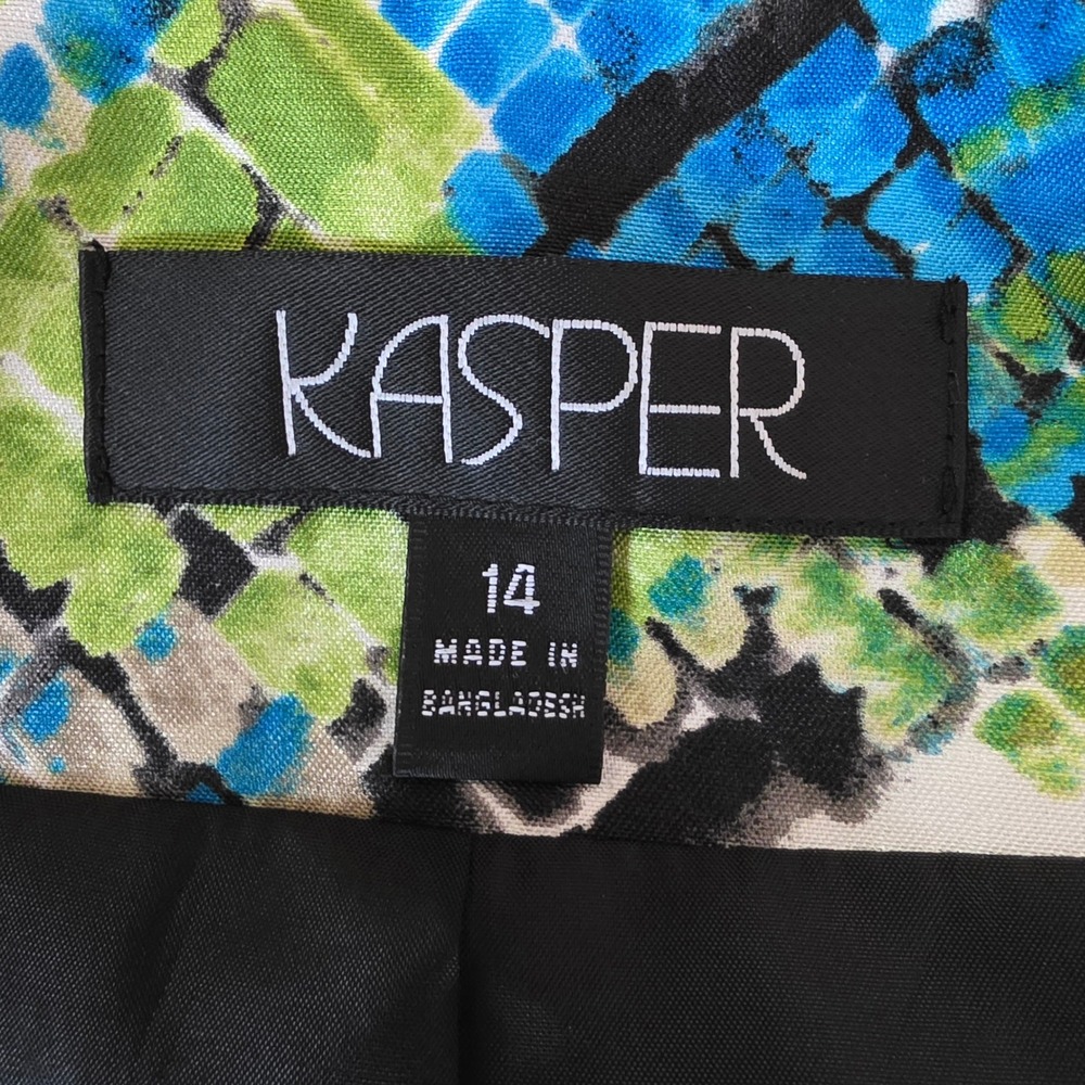 Kasper Blazer Jacket Womens 14 Green Blue Abstract Open Front Office Professiona - Picture 7 of 8